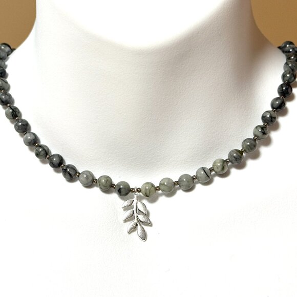 Dark Grey Marble Short Necklace, Genuine Gemstone & Silver Leaf Branch Pendant - Picture 2 of 13